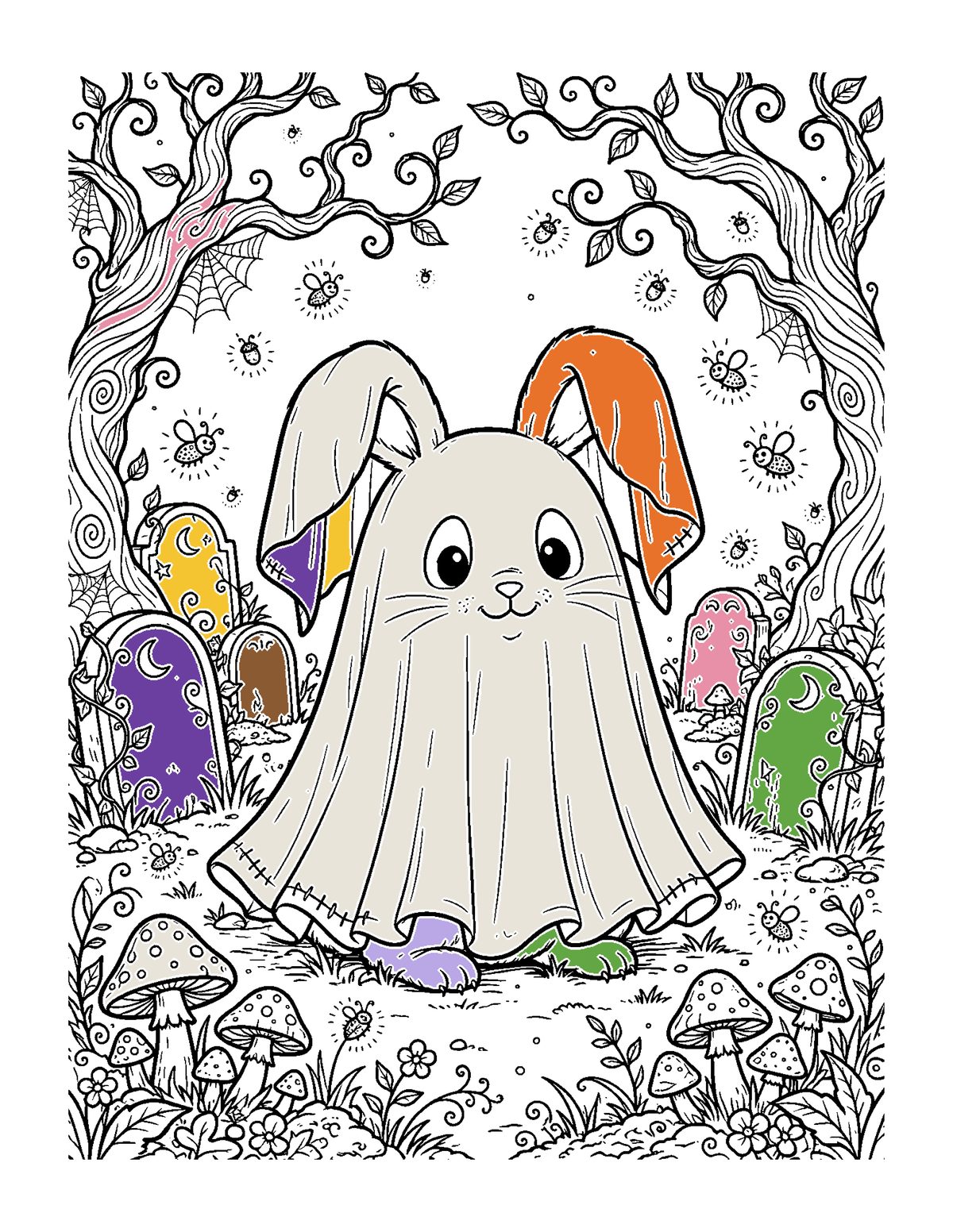 Finished colored example: bunny ghost page colored with alcohol markers