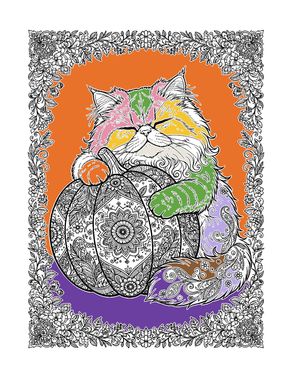 Finished colored example: cat with pumpkin page colored with alcohol markers
