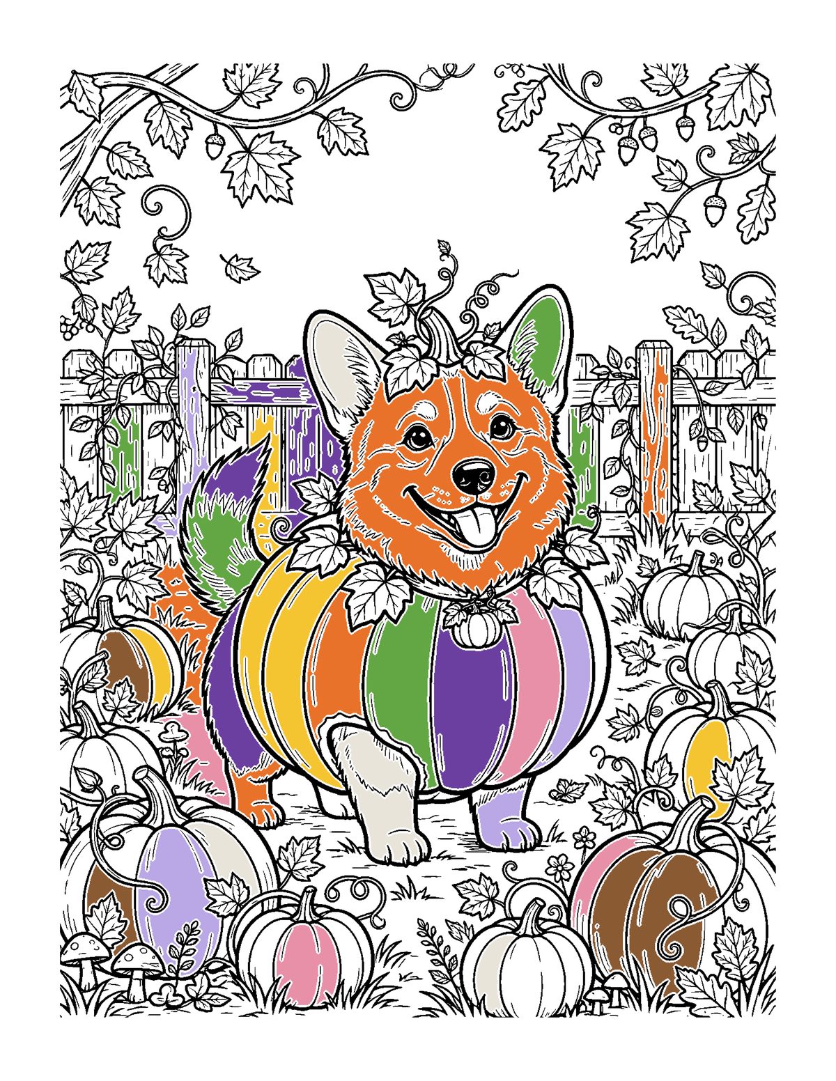 Finished colored example: corgi in a pumpkin costume page colored with alcohol markers