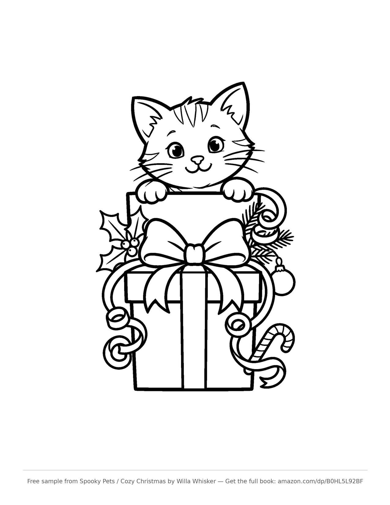 Coloring page line art of a kitten peeking out of a Christmas gift box with a big bow, candy cane and holly sprigs