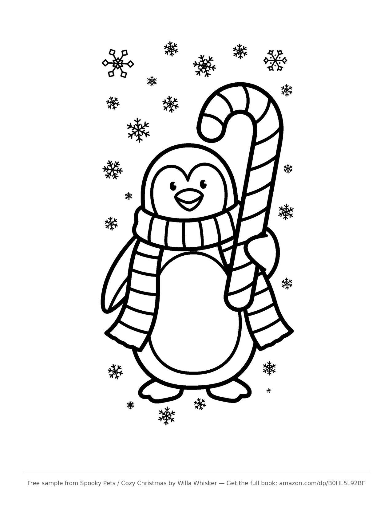 Coloring page line art of a smiling penguin wearing a scarf and holding a large candy cane, surrounded by snowflakes