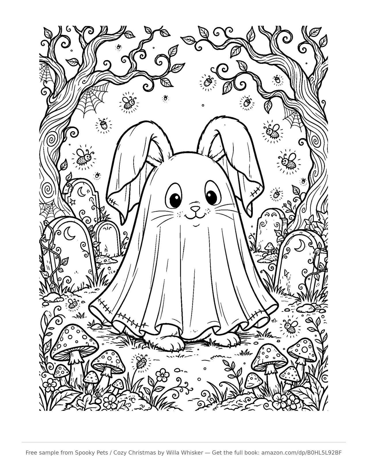 Coloring page line art of a bunny wearing a ghost sheet costume in a graveyard with fireflies, mushrooms and twisted trees