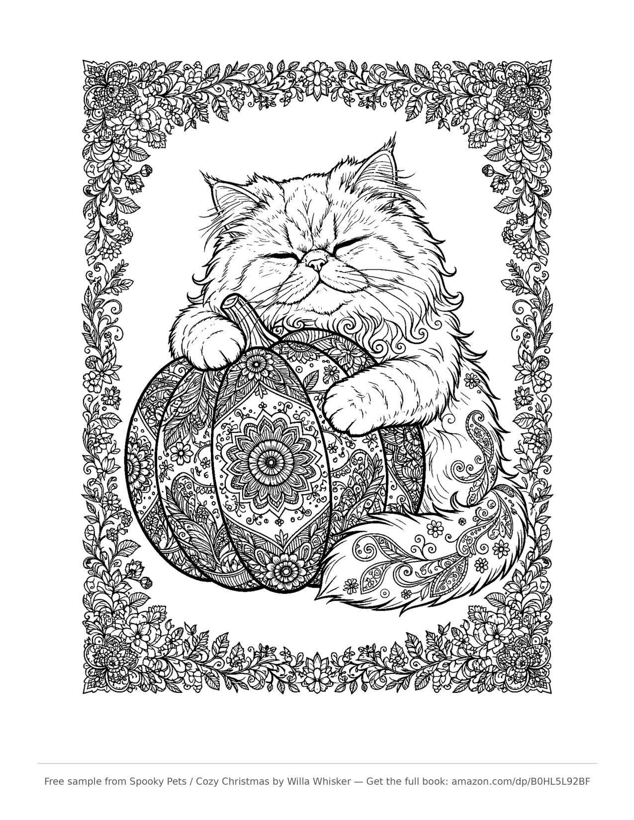 Coloring page line art of a fluffy long-haired cat hugging an ornate mandala-patterned pumpkin, surrounded by a floral border