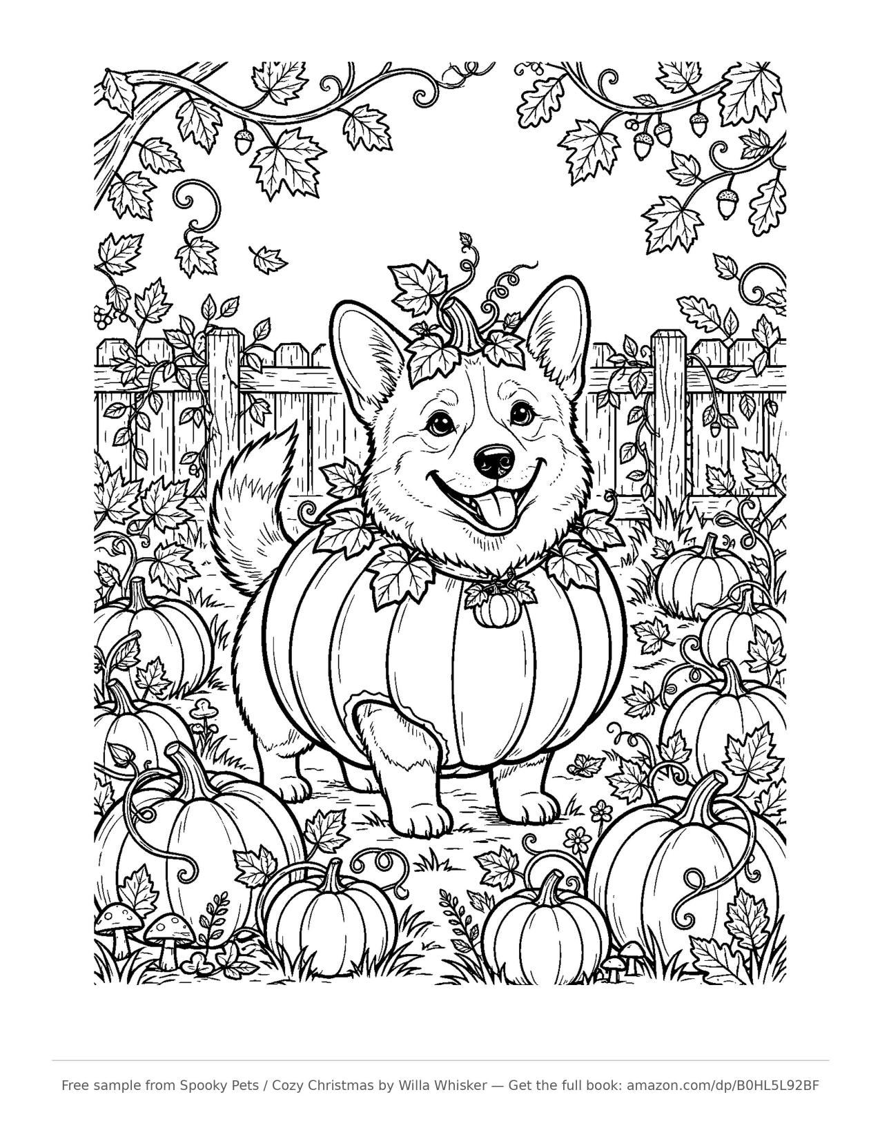 Coloring page line art of a corgi wearing a pumpkin costume, sitting among pumpkins and falling autumn leaves