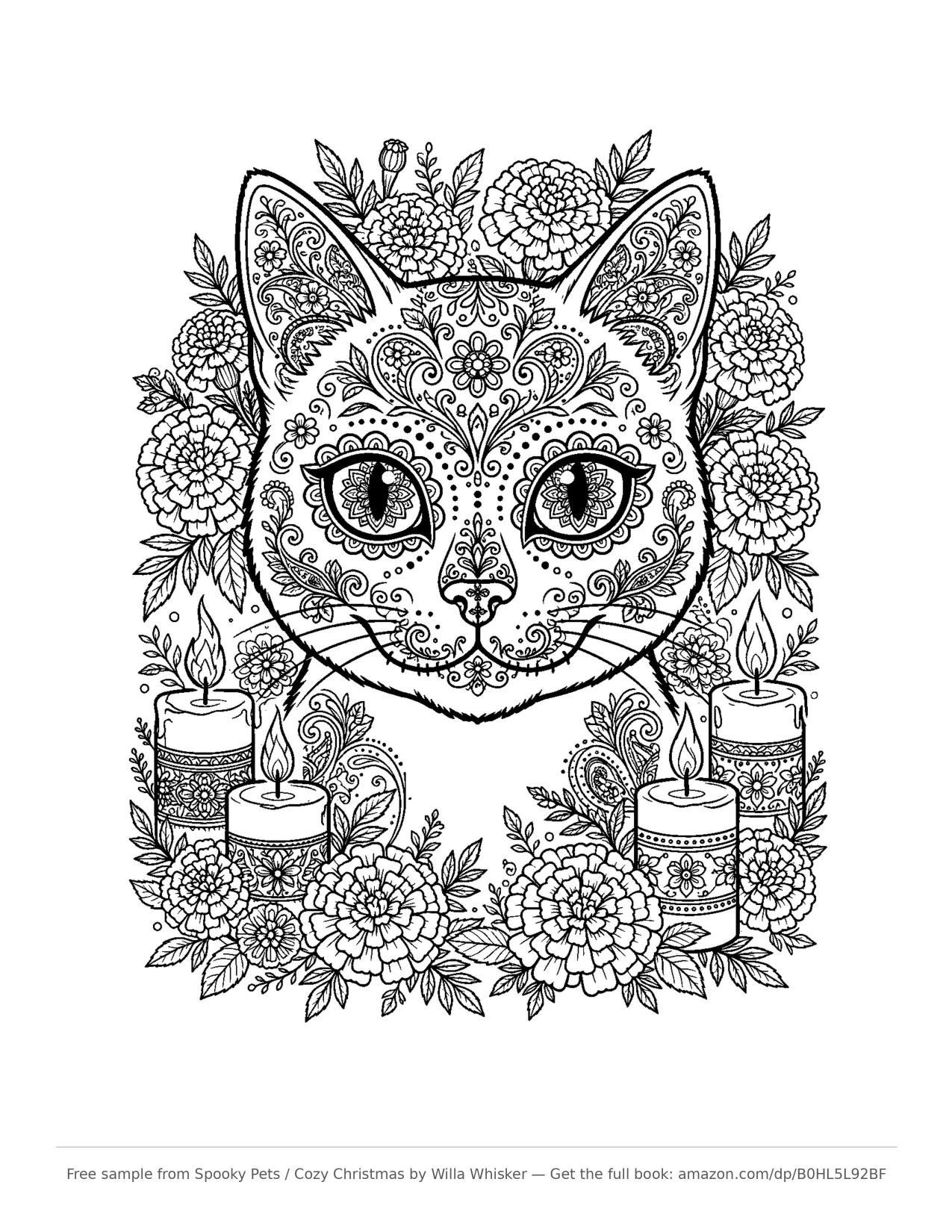 Coloring page line art of a cat face decorated in sugar skull style with floral patterns, marigolds and lit candles