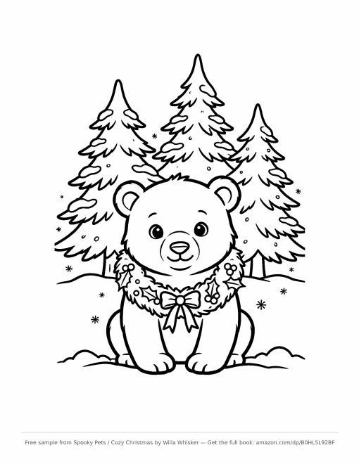 Coloring page line art of a bear wearing a holiday wreath with a bow, sitting in snow in front of pine trees