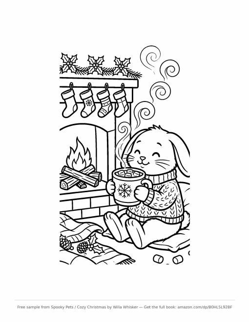 Coloring page line art of a bunny in a knit sweater holding hot cocoa beside a fireplace with stockings hung above