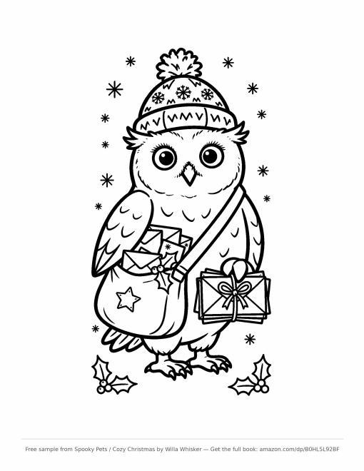 Coloring page line art of an owl wearing a winter pom hat carrying a mailbag full of holiday cards and envelopes