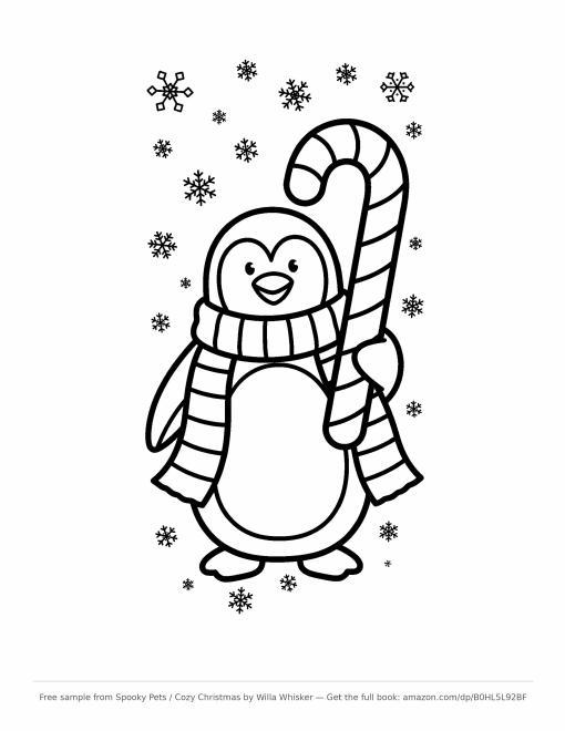 Coloring page line art of a smiling penguin wearing a scarf and holding a large candy cane, surrounded by snowflakes