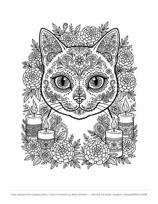 Coloring page line art of a cat face decorated in sugar skull style with floral patterns, marigolds and lit candles